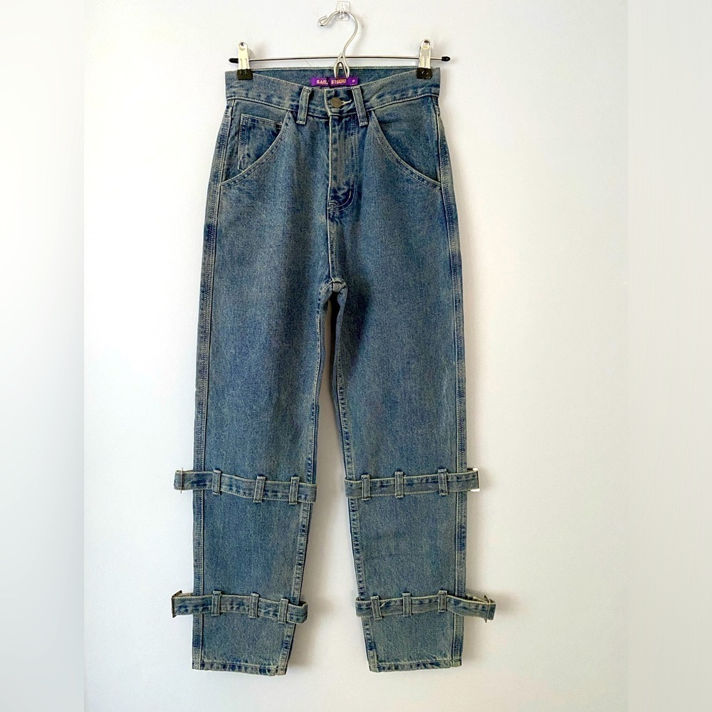 NWT 3 Studio Jeans with Buckles Size Small 24" Waist High Rise Denim Tapered Leg